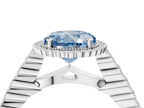 White gold Fancy Blue Round Cut Cut Halo Pavé Solitaire Ring with Milgrain Band_16
