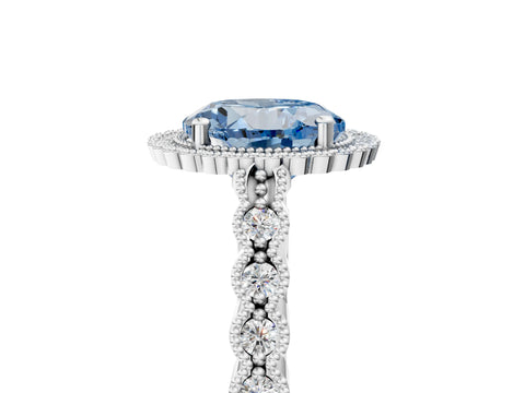 White gold Fancy Blue Round Cut Cut Halo Pavé Solitaire Ring with Milgrain Band_17