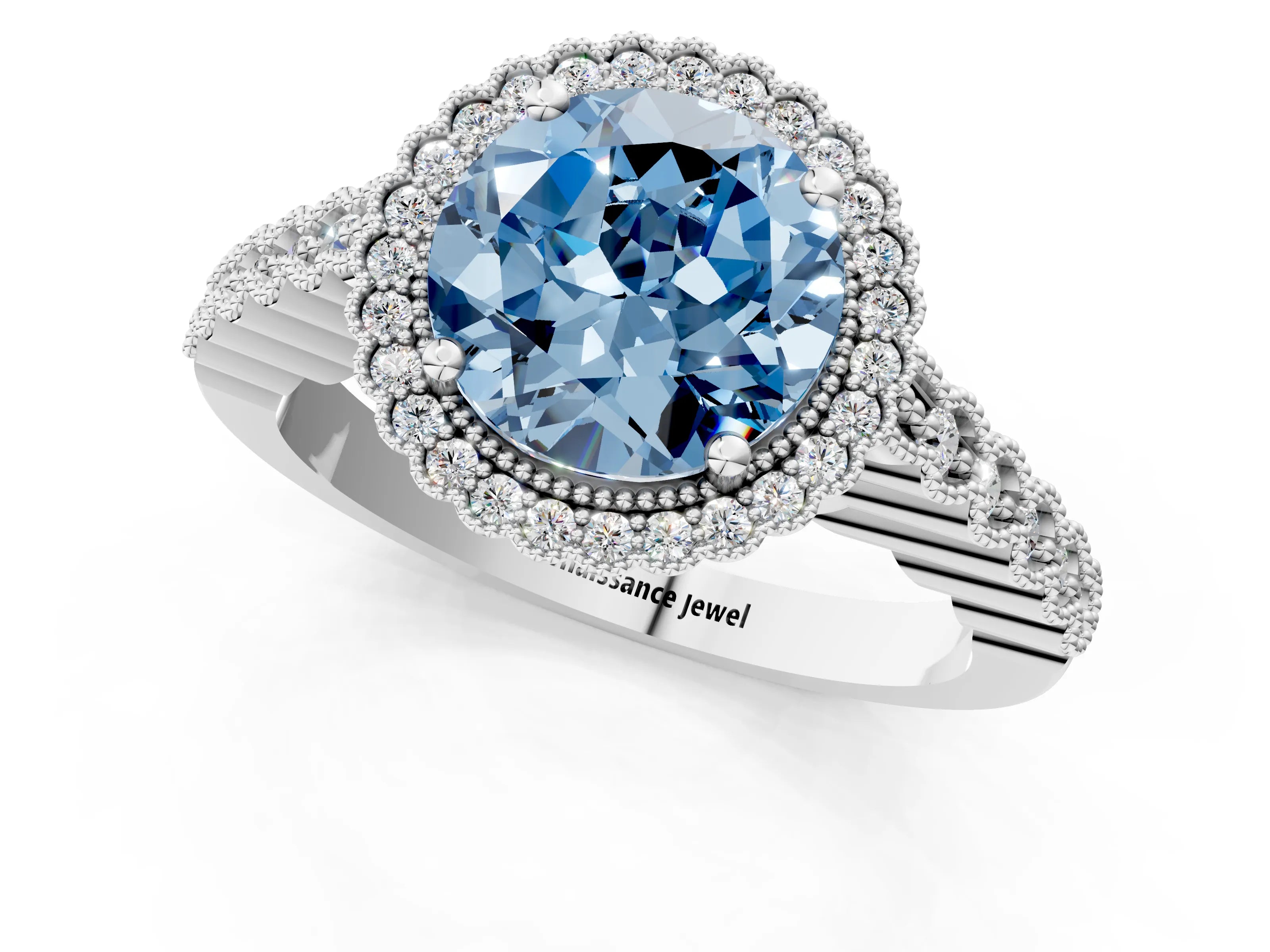 White gold Fancy Blue Round Cut Cut Halo Pavé Solitaire Ring with Milgrain Band_1