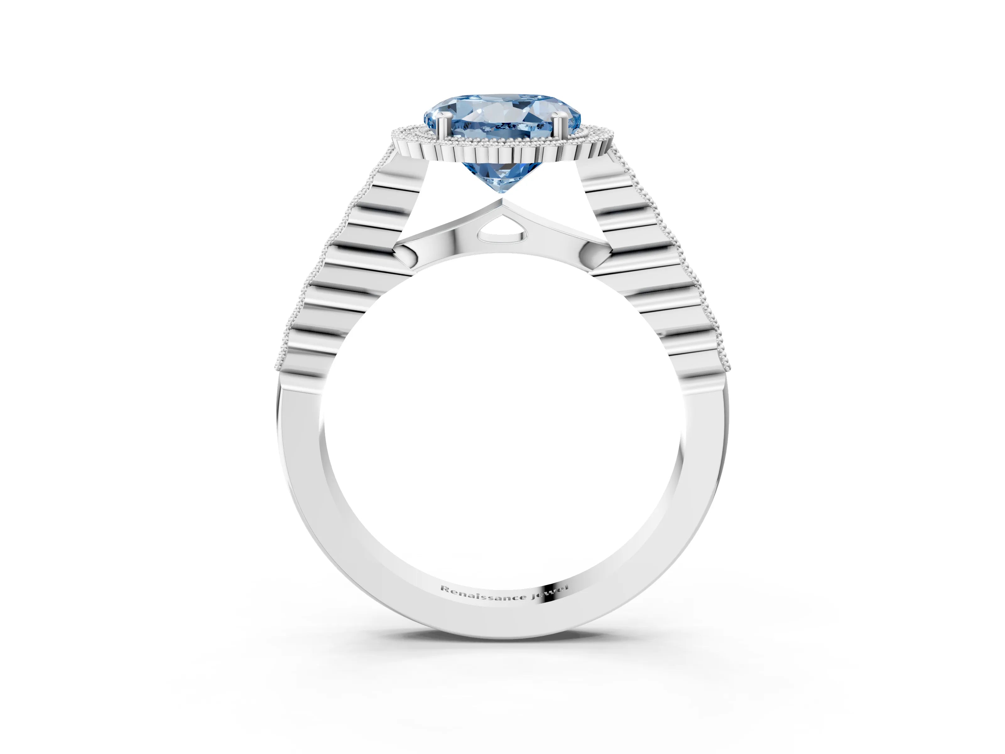 White gold Fancy Blue Round Cut Cut Halo Pavé Solitaire Ring with Milgrain Band_3