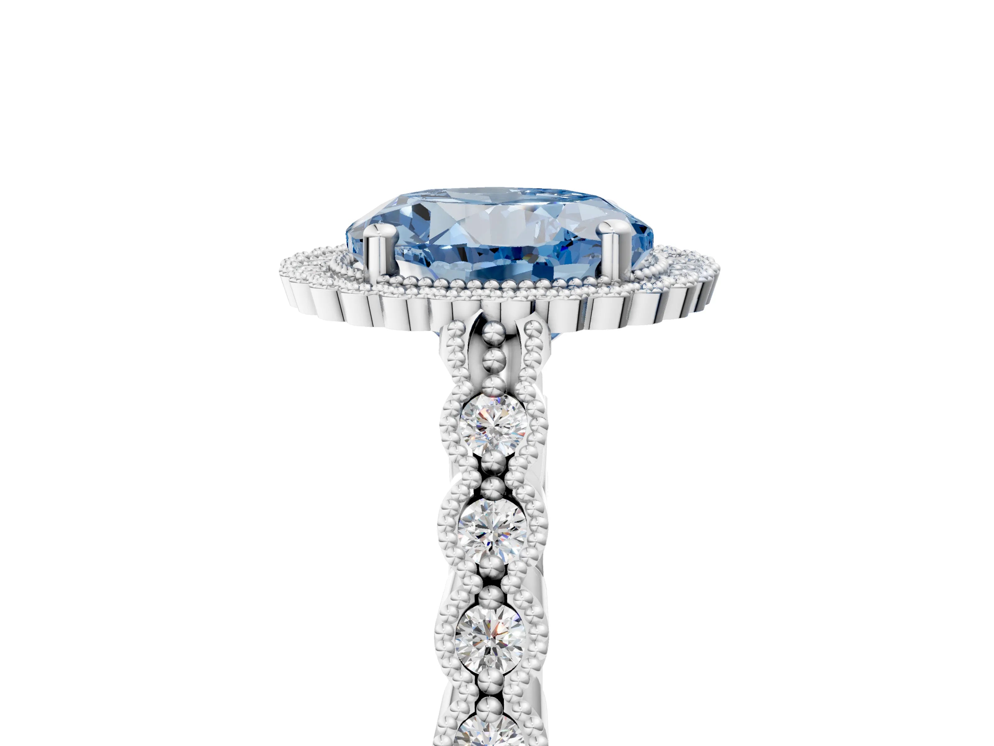 White gold Fancy Blue Round Cut Cut Halo Pavé Solitaire Ring with Milgrain Band_5
