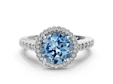 White gold Fancy Blue Round Cut Cut Halo Pavé Solitaire Ring with Milgrain Band