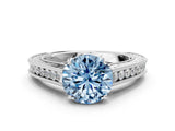 White gold Fancy Blue Round Cut Cut Pave Band Milgrain Solitaire Ring