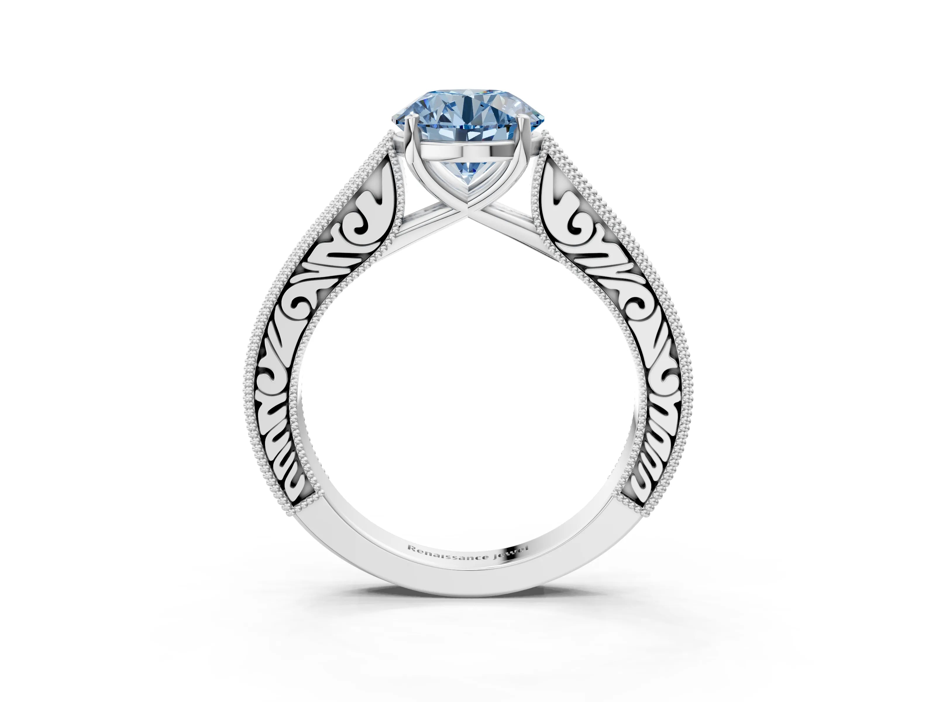 White gold Fancy Blue Round Cut Cut Pave Band Milgrain Solitaire Ring_3