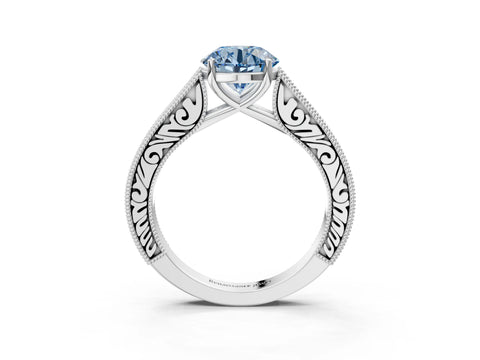 White gold Fancy Blue Round Cut Cut Pave Band Milgrain Solitaire Ring_3
