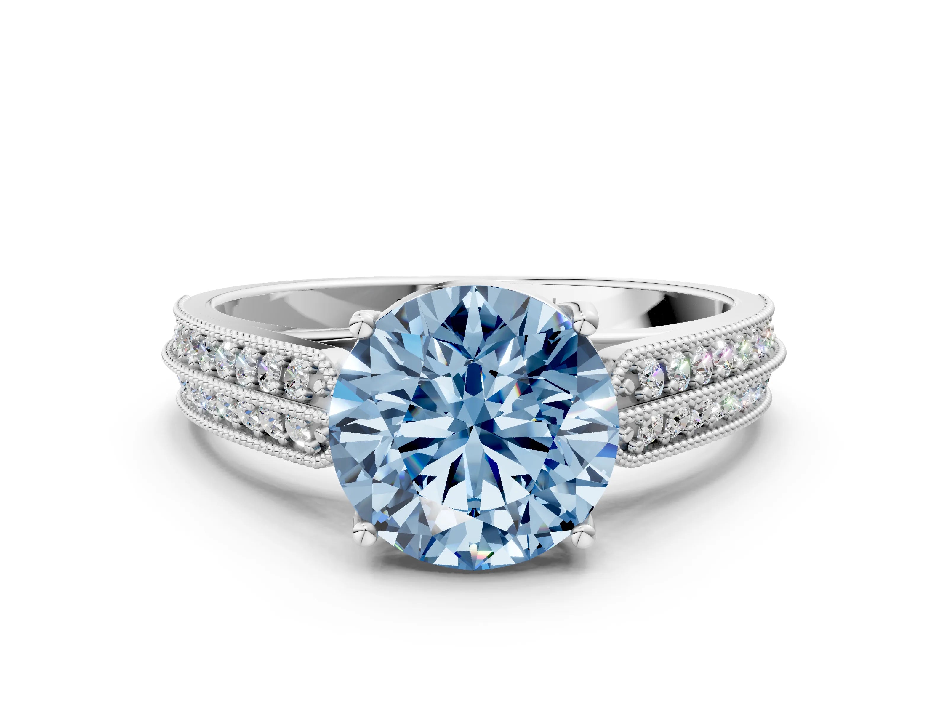 White gold Fancy Blue Round Cut Cut Pave Split Shank Engagement Ring with Four-Prong Setting