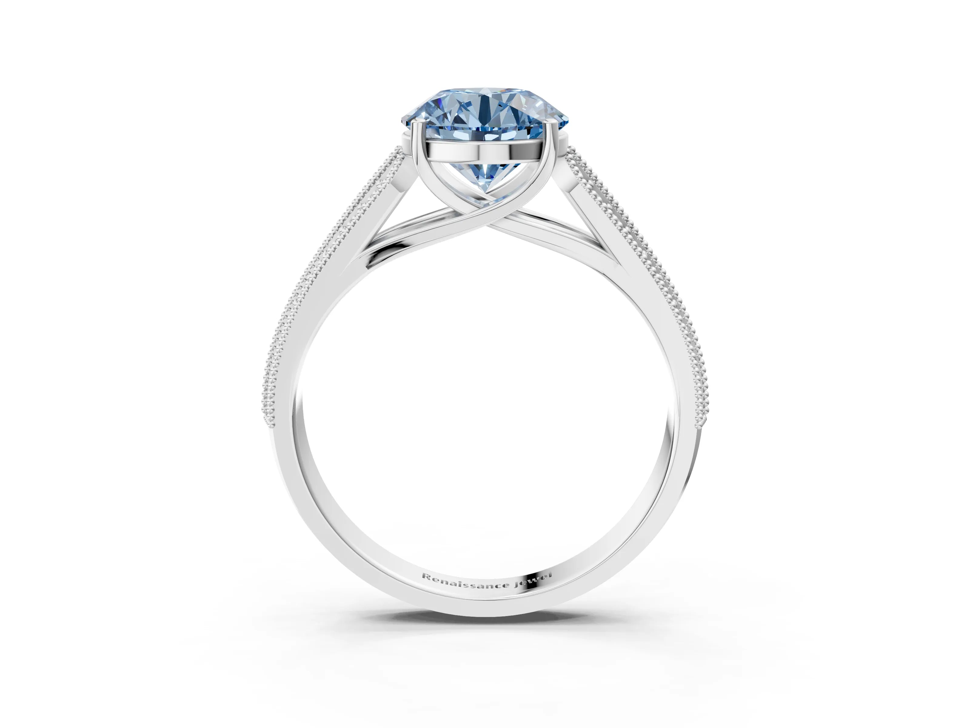 White gold Fancy Blue Round Cut Cut Pave Split Shank Engagement Ring with Four-Prong Setting_3