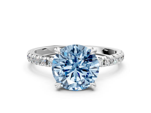 Platinum Fancy Blue Round Cut Diamond Brilliant Solitaire Ring with Pavé Band and Four-Prong Setting