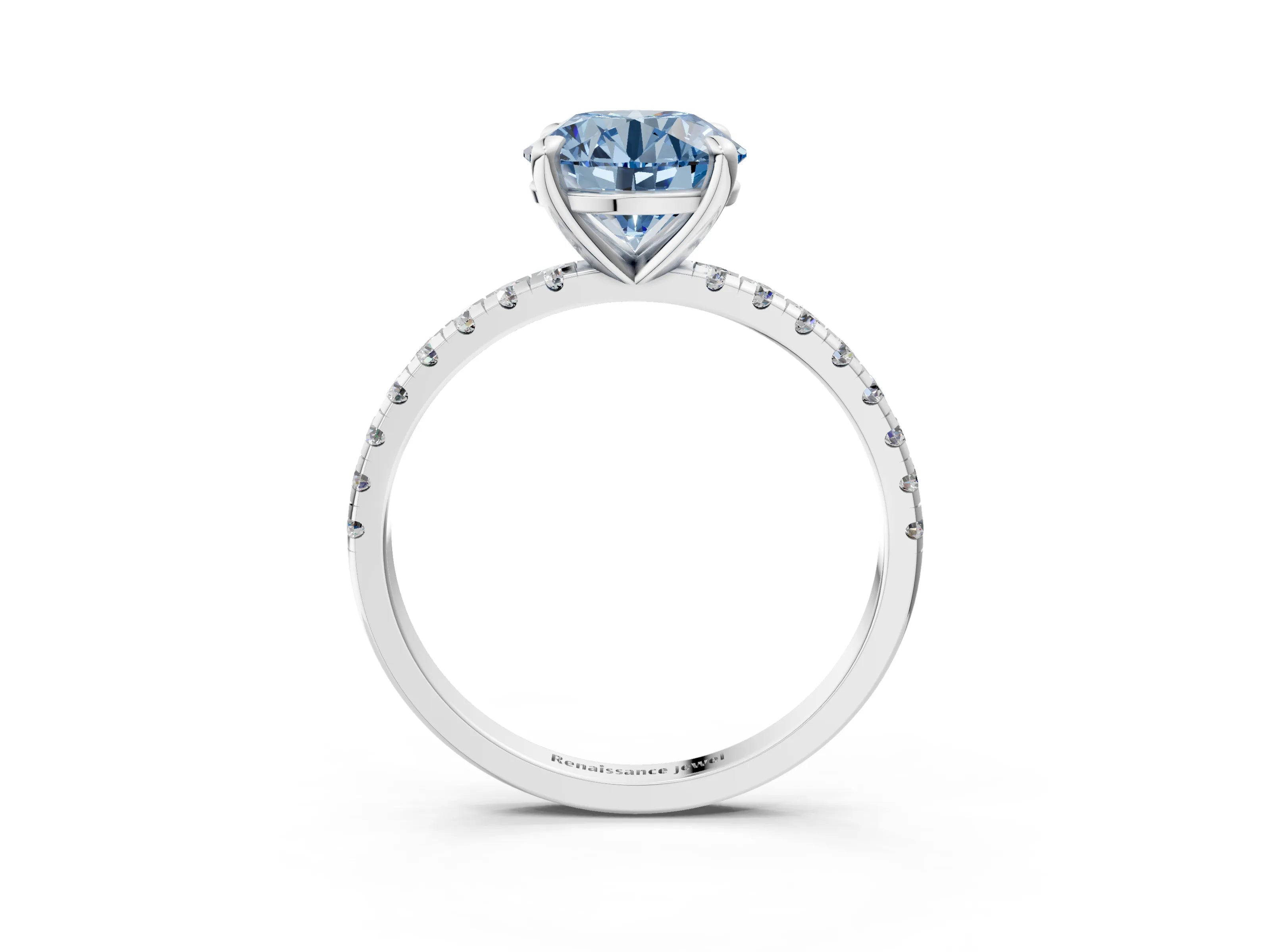 White gold Fancy Blue Round Cut Diamond Brilliant Solitaire Ring with Pavé Band and Four-Prong Setting_3
