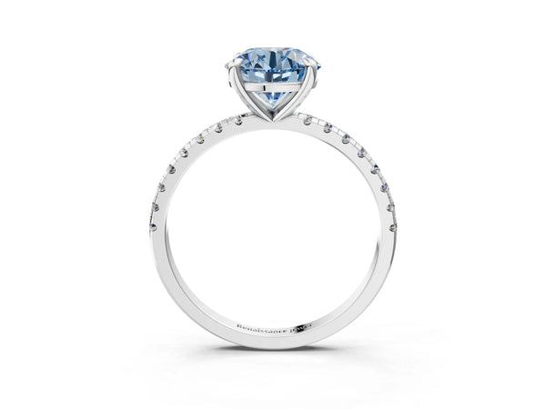 Platinum Fancy Blue Round Cut Diamond Brilliant Solitaire Ring with Pavé Band and Four-Prong Setting