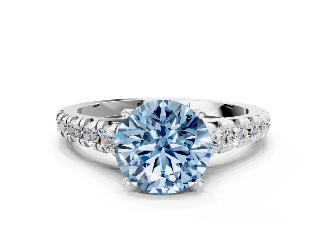 White gold Fancy Blue Round Cut Diamond Cathedral Solitaire Ring with Round  Pavé Band_195
