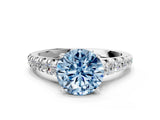 White gold Fancy Blue Round Cut Diamond Cathedral Solitaire Ring with Round  Pavé Band_195