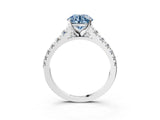 White gold Fancy Blue Round Cut Diamond Cathedral Solitaire Ring with Round  Pavé Band_205
