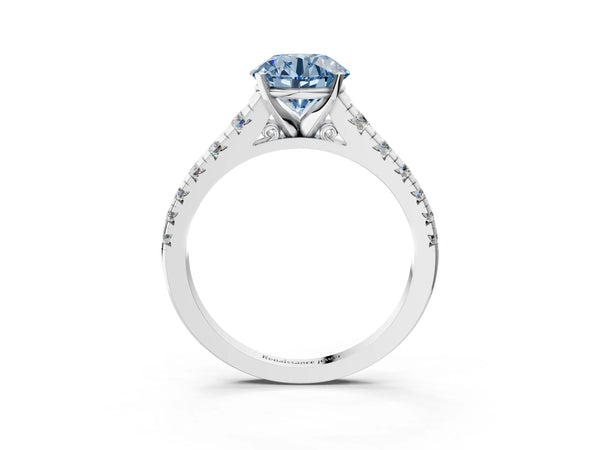White Gold Round Cathedral Engagement Ring Setting for Fancy Blue Center with Graduated Pave Accents