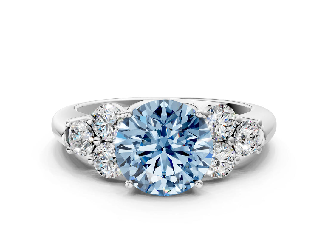 White gold Fancy Blue Round  Cut Diamond Cluster Ring with Round Accent Stones and Prong Setting on a Classic Band_52