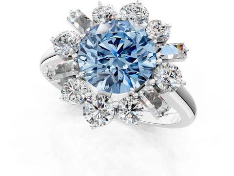 White gold Fancy Blue Round Cut Diamond Cluster Ring with Round and Baguette Stones, Split Shank Band, Prong Setting_13