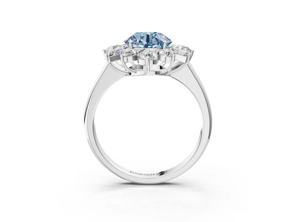 White gold Fancy Blue Round Cut Diamond Cluster Ring with Round and Baguette Stones, Split Shank Band, Prong Setting