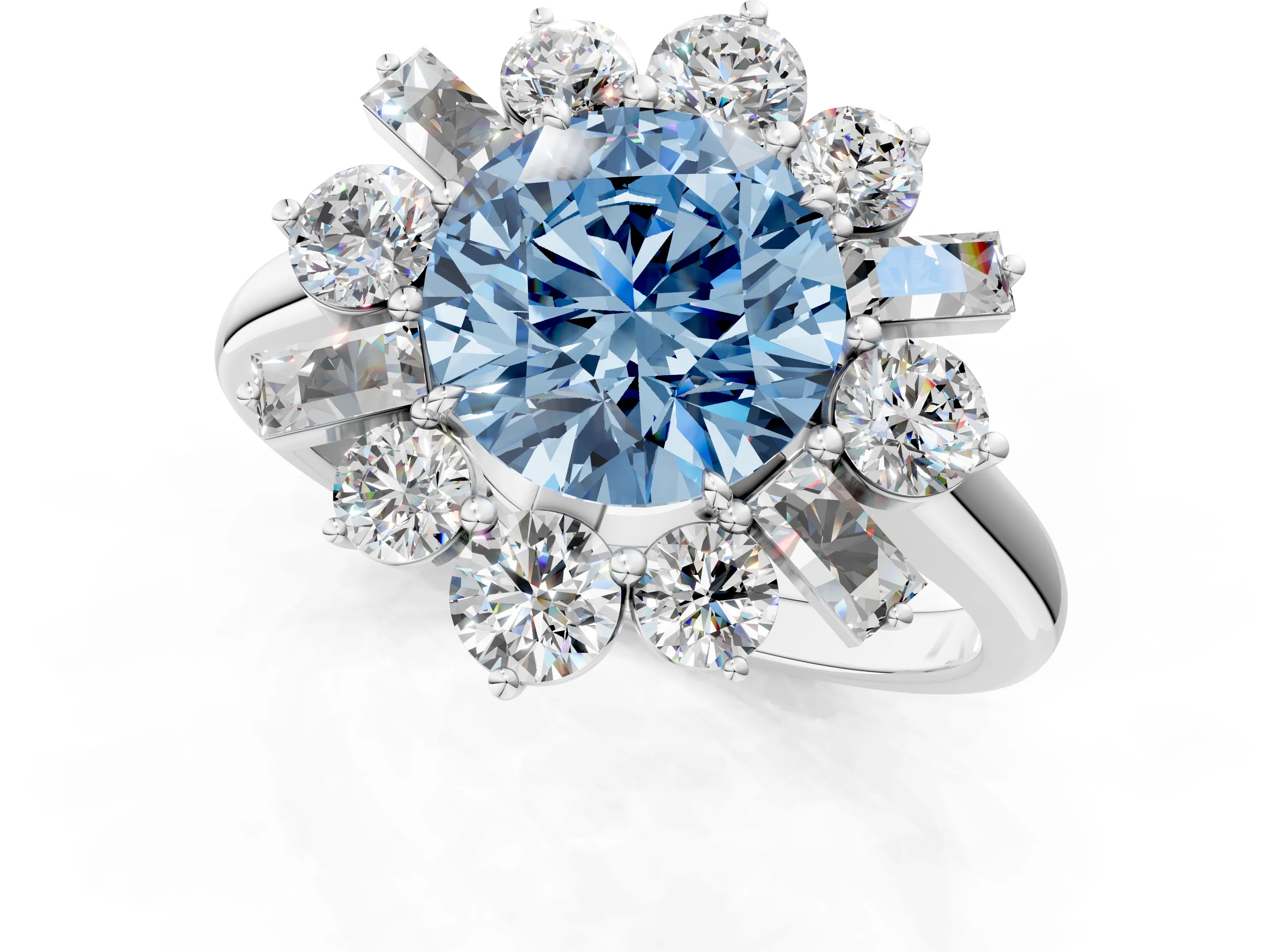 White gold Fancy Blue Round Cut Diamond Cluster Ring with Round and Baguette Stones, Split Shank Band, Prong Setting_1