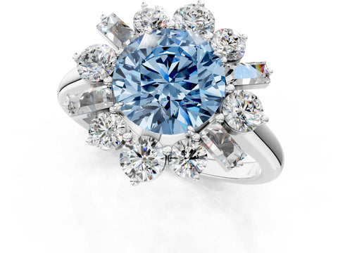 White gold Fancy Blue Round Cut Diamond Cluster Ring with Round and Baguette Stones, Split Shank Band, Prong Setting_1