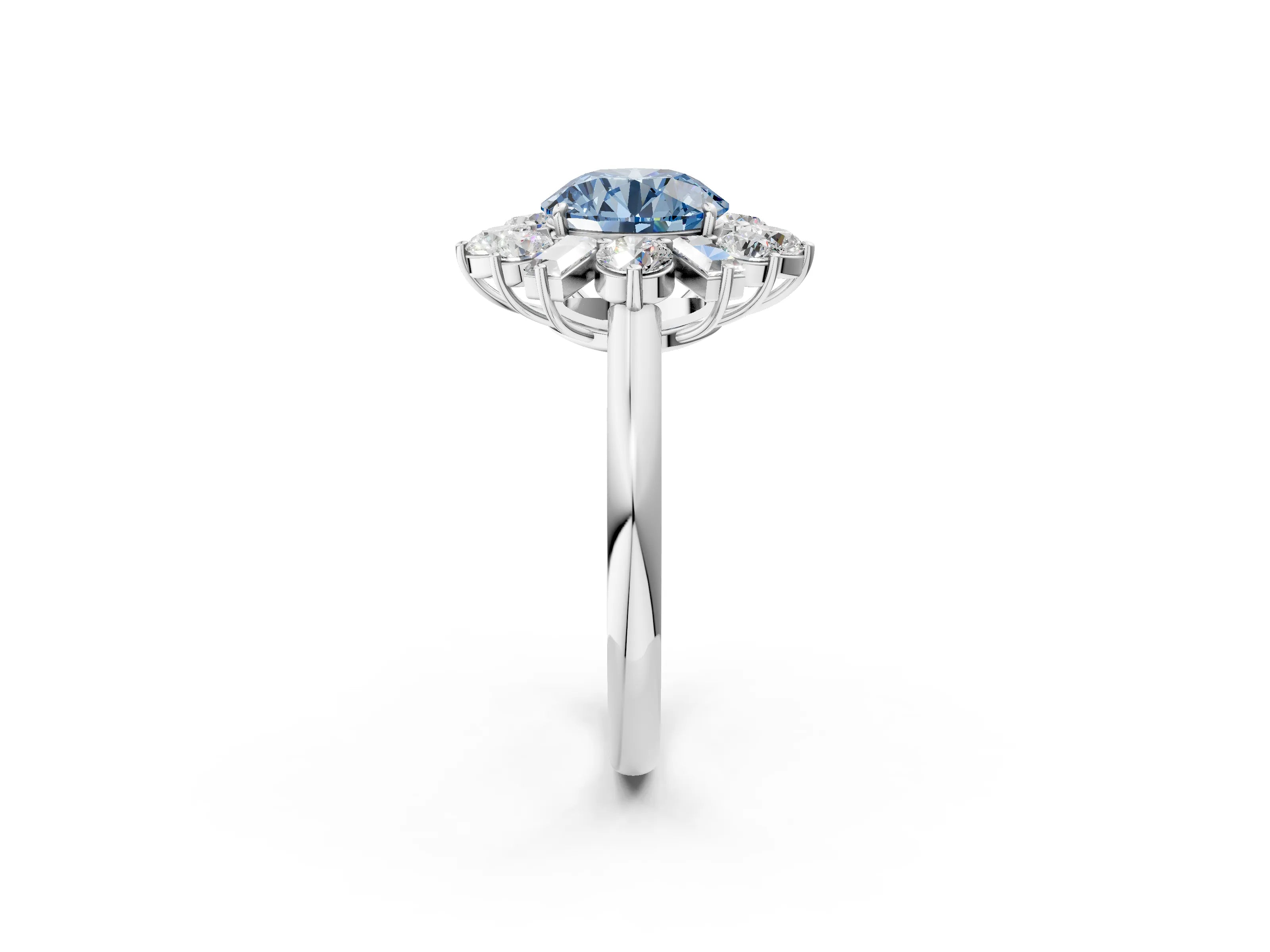 White gold Fancy Blue Round Cut Diamond Cluster Ring with Round and Baguette Stones, Split Shank Band, Prong Setting_2
