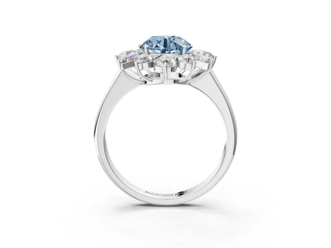 White gold Fancy Blue Round Cut Diamond Cluster Ring with Round and Baguette Stones, Split Shank Band, Prong Setting_3