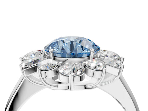 White gold Fancy Blue Round Cut Diamond Cluster Ring with Round and Baguette Stones, Split Shank Band, Prong Setting_4