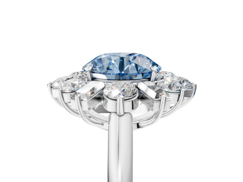 White gold Fancy Blue Round Cut Diamond Cluster Ring with Round and Baguette Stones, Split Shank Band, Prong Setting_5