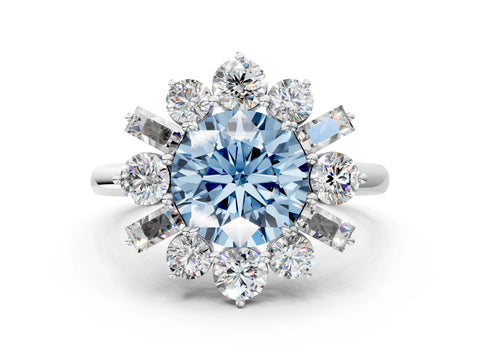 White gold Fancy Blue Round Cut Diamond Cluster Ring with Round and Baguette Stones, Split Shank Band, Prong Setting