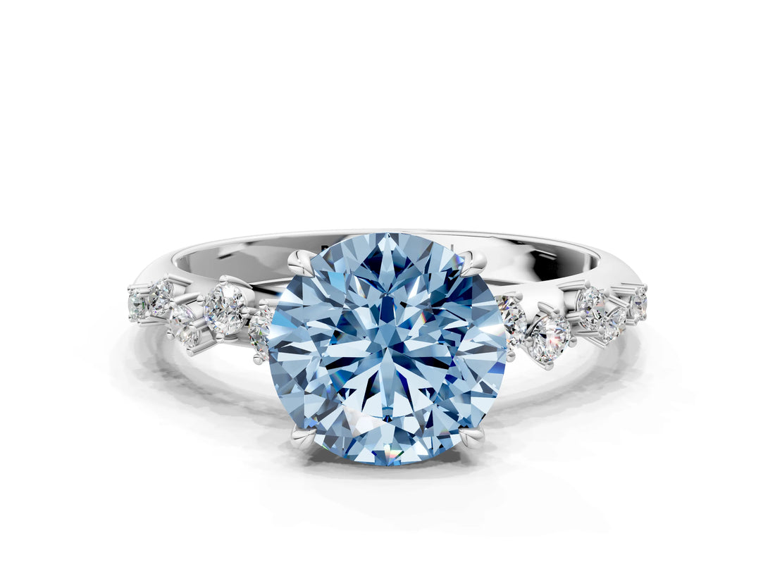 White gold Fancy Blue Round Cut Diamond Cluster Side Stone Solitaire Ring with Prong Setting_94