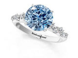 White gold Fancy Blue Round Cut Diamond Cluster Side Stone Solitaire Ring with Prong Setting_95
