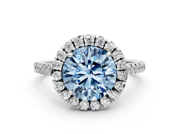 Platinum Fancy Blue Round Cut Diamond Cushion Halo Ring with Pavé Band