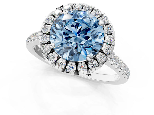 Platinum Fancy Blue Round Cut Diamond Cushion Halo Ring with Pavé Band