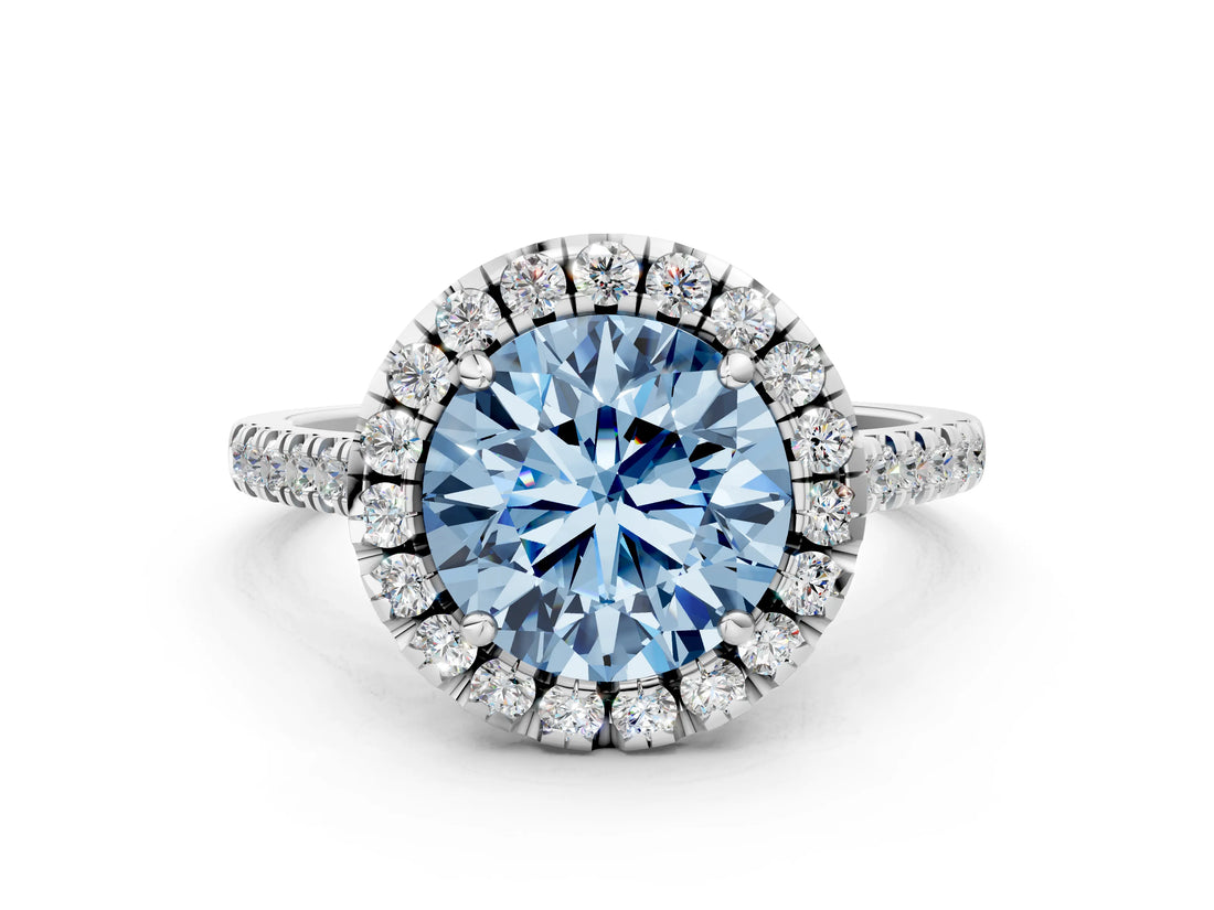 White gold Fancy Blue Round Cut Diamond Cushion Halo Ring with Pavé Band_12
