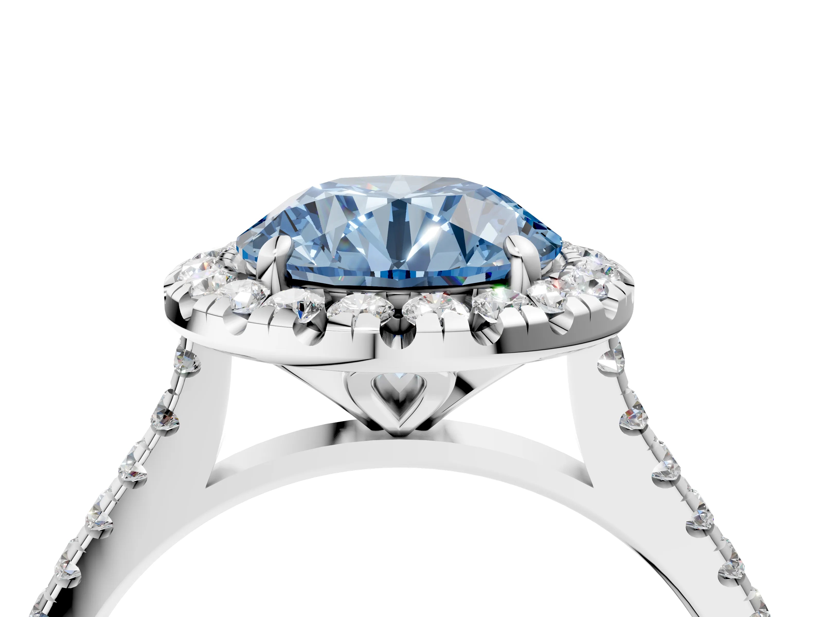White gold Fancy Blue Round Cut Diamond Cushion Halo Ring with Pavé Band_16