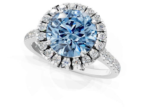 White gold Fancy Blue Round Cut Diamond Cushion Halo Ring with Pavé Band_1