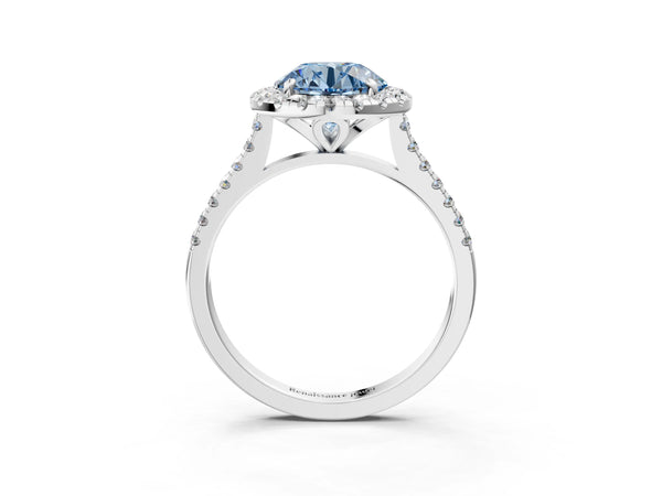 Platinum Fancy Blue Round Cut Diamond Cushion Halo Ring with Pavé Band