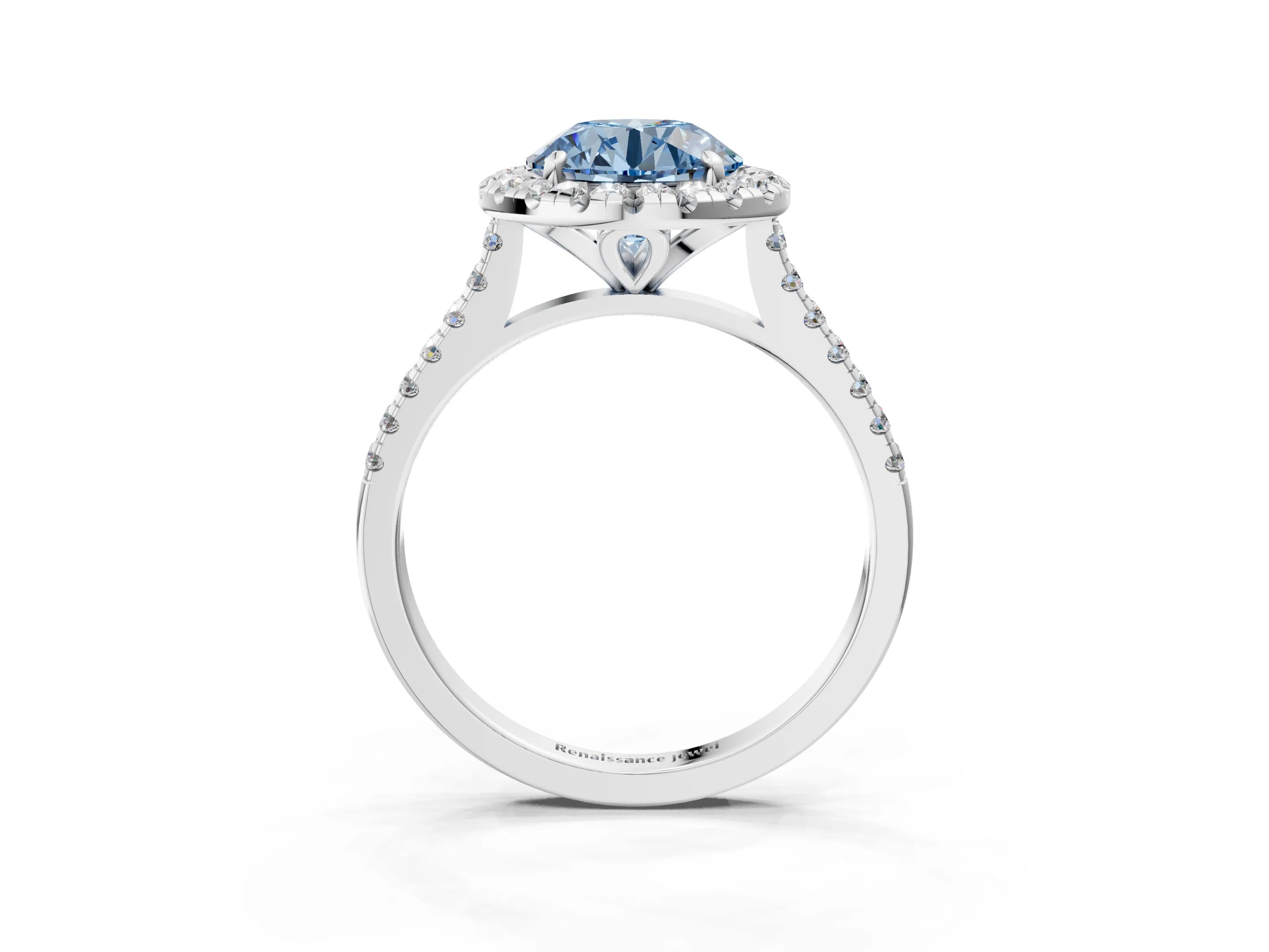 White gold Fancy Blue Round Cut Diamond Cushion Halo Ring with Pavé Band_3