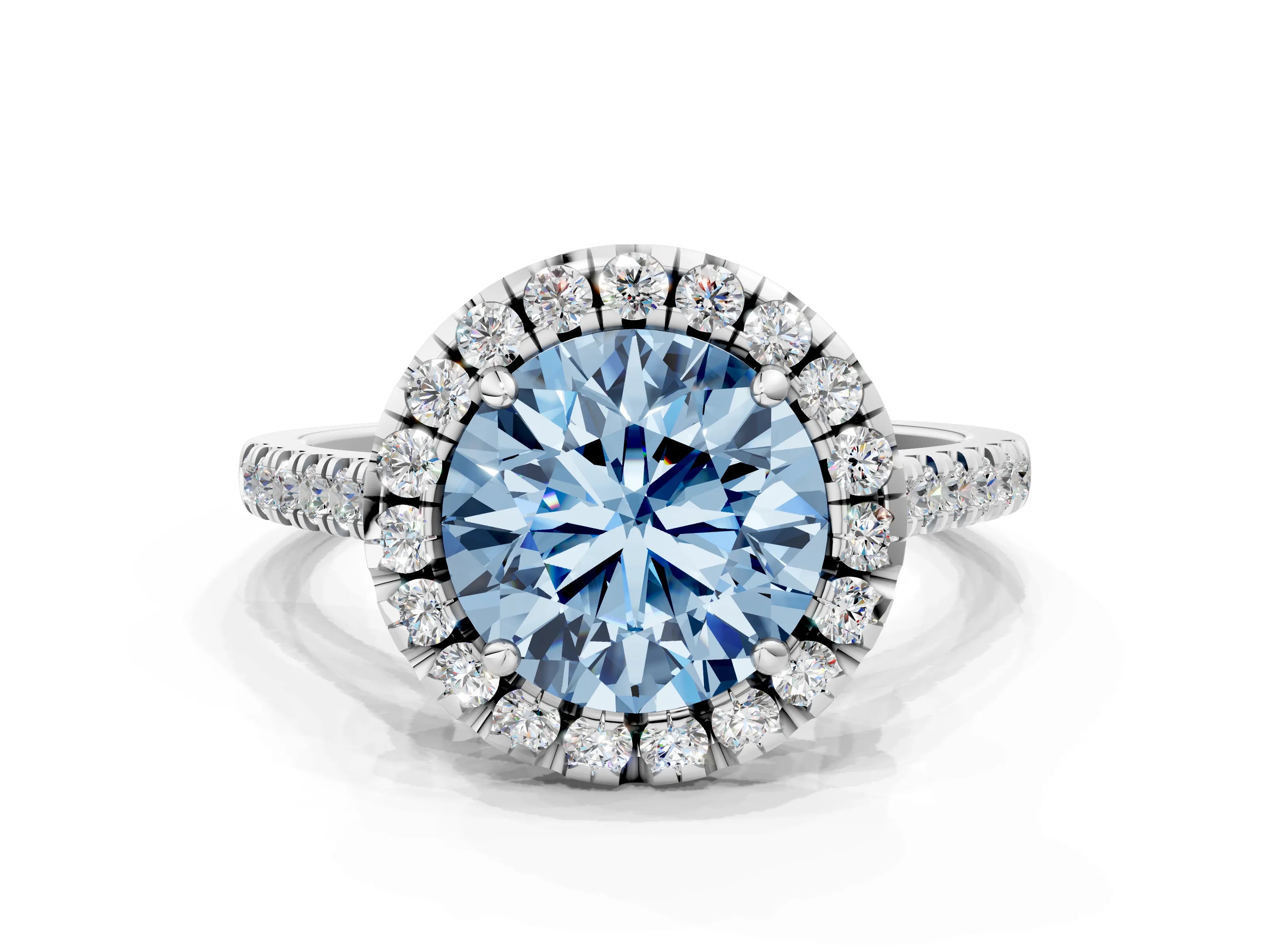 White gold Fancy Blue Round Cut Diamond Cushion Halo Ring with Pavé Band