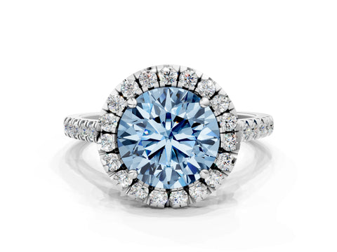 White gold Fancy Blue Round Cut Diamond Cushion Halo Ring with Pavé Band