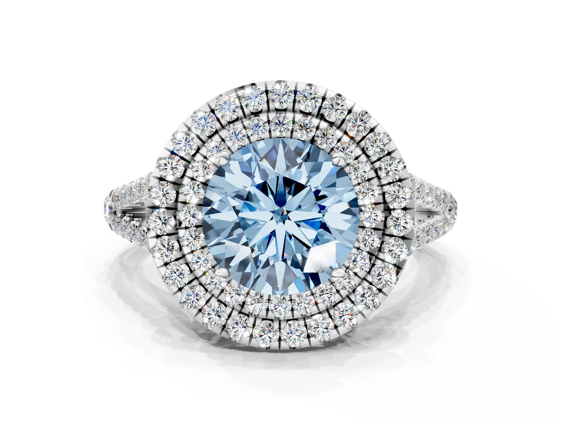 White gold Fancy Blue Round Cut Diamond Double Halo Ring with Pavé Band and Prong Setting_116