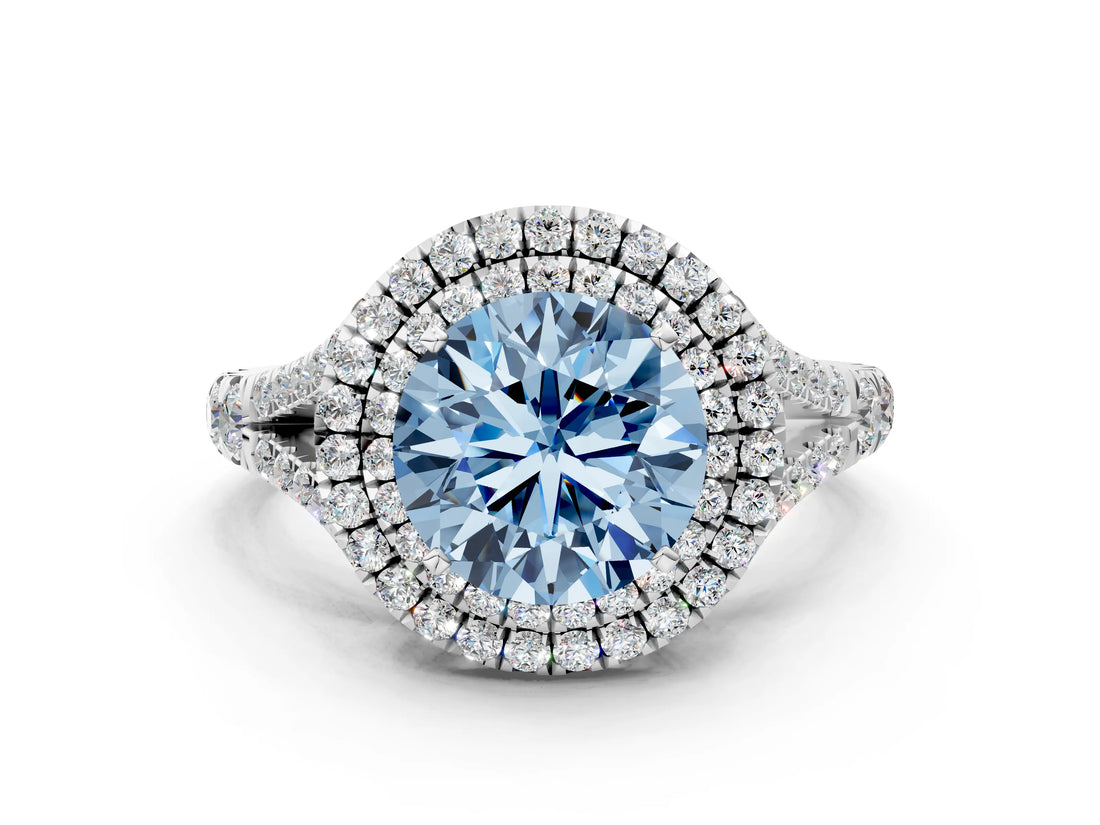 White gold Fancy Blue Round Cut Diamond Double Halo Ring with Split Shank and Prong Setting_27