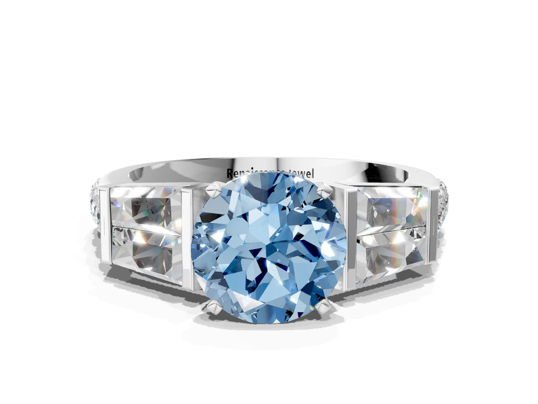 White gold Fancy Blue Round Cut Diamond Engagement Ring with Baguette Side Stones and Channel Set Band_32