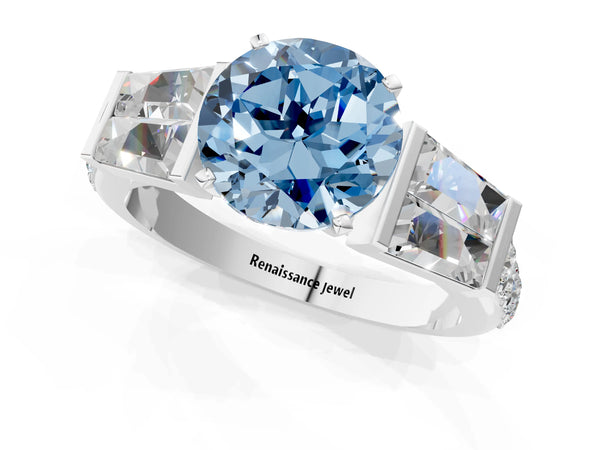 Platinum Fancy Blue Round Cut Diamond Engagement Ring with Baguette Side Stones and Channel Set Band