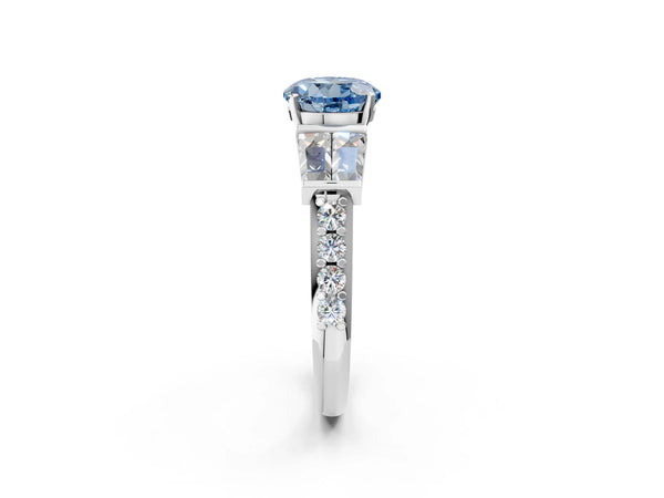 Platinum Fancy Blue Round Cut Diamond Engagement Ring with Baguette Side Stones and Channel Set Band