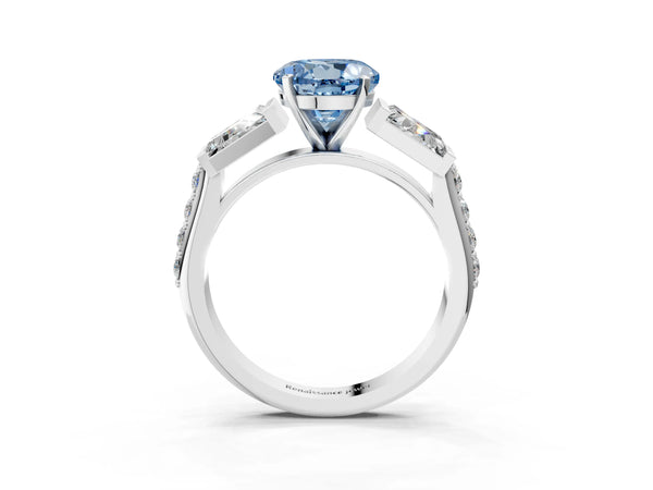 Platinum Fancy Blue Round Cut Diamond Engagement Ring with Baguette Side Stones and Channel Set Band