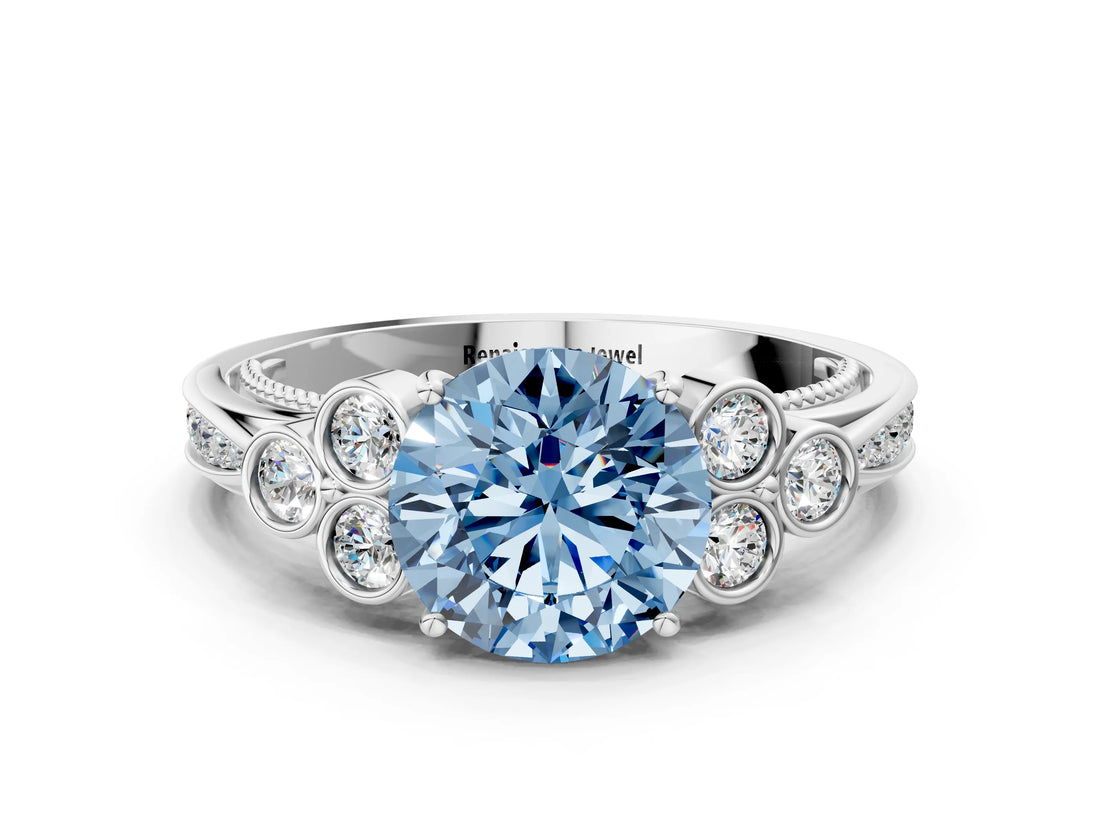 White gold Fancy Blue Round  Cut Diamond Engagement Ring with Bezel Set Round Side Stones and Prong Setting_49
