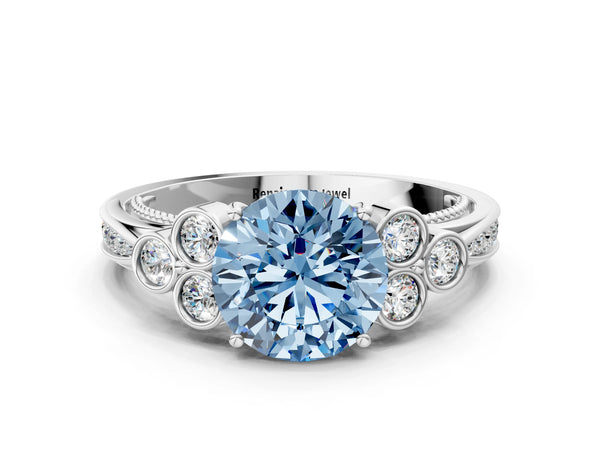 White gold Fancy Blue Round  Cut Diamond Engagement Ring with Bezel Set Round Side Stones and Prong Setting