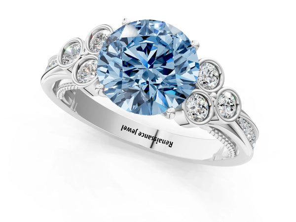 White gold Fancy Blue Round  Cut Diamond Engagement Ring with Bezel Set Round Side Stones and Prong Setting