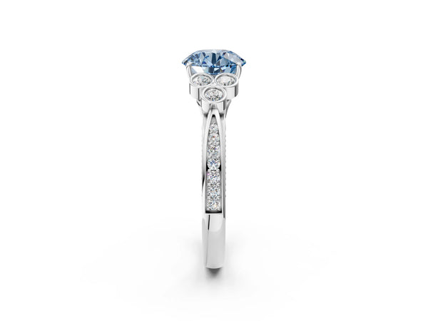 White gold Fancy Blue Round  Cut Diamond Engagement Ring with Bezel Set Round Side Stones and Prong Setting