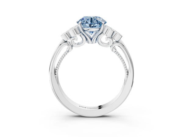 White gold Fancy Blue Round  Cut Diamond Engagement Ring with Bezel Set Round Side Stones and Prong Setting